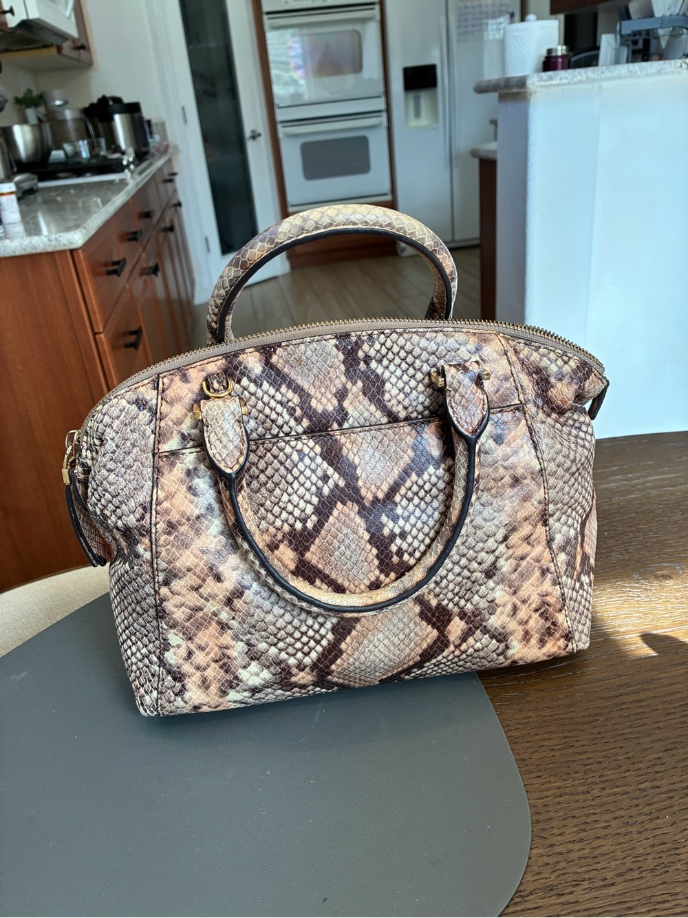 Michael Kors Brown and Tan Astor  Snake-Print Satchel - Picture 5 of 15